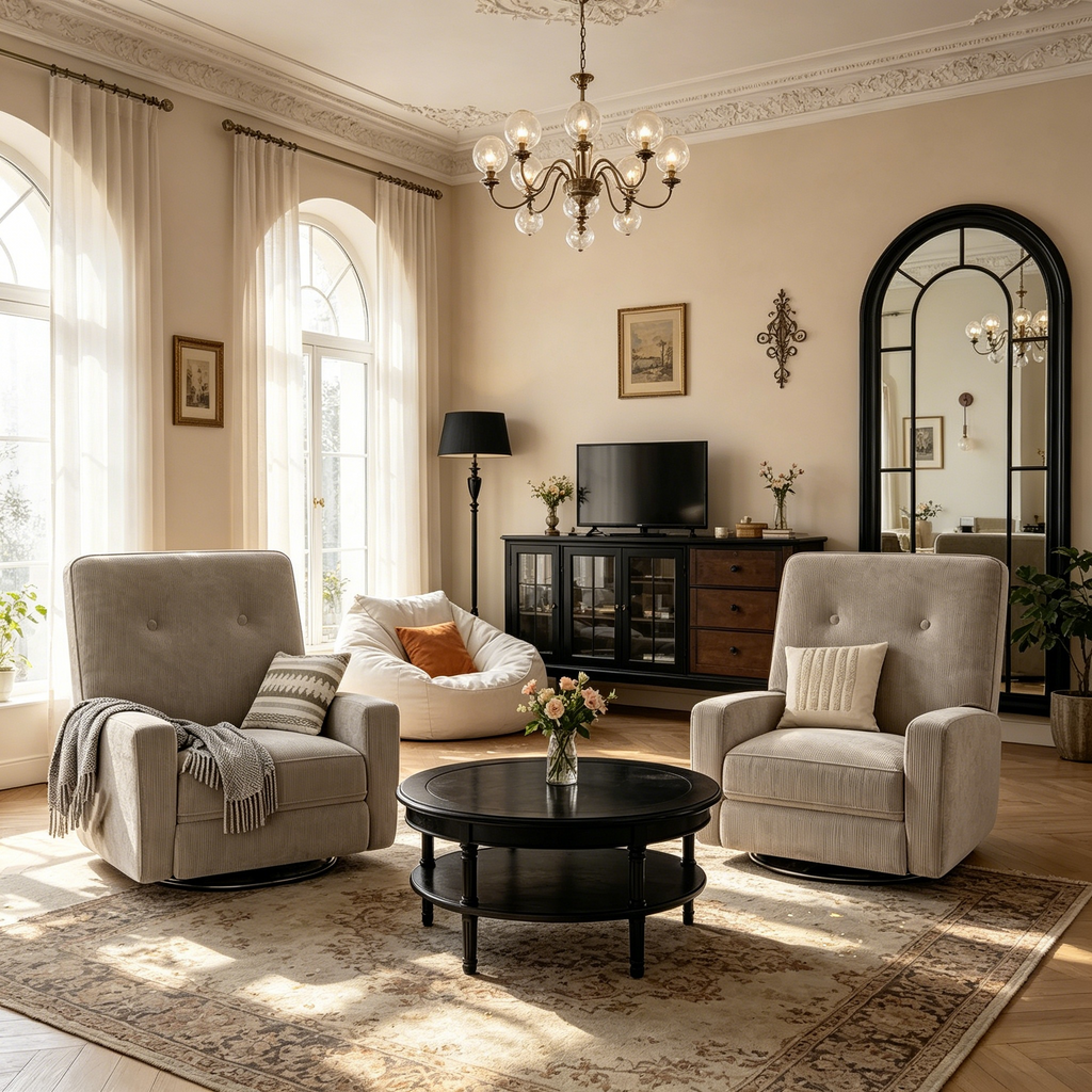 Fauteuil inclinable pivotant et basculant surdimensionné en lin, avec fonction de glisse à 360°