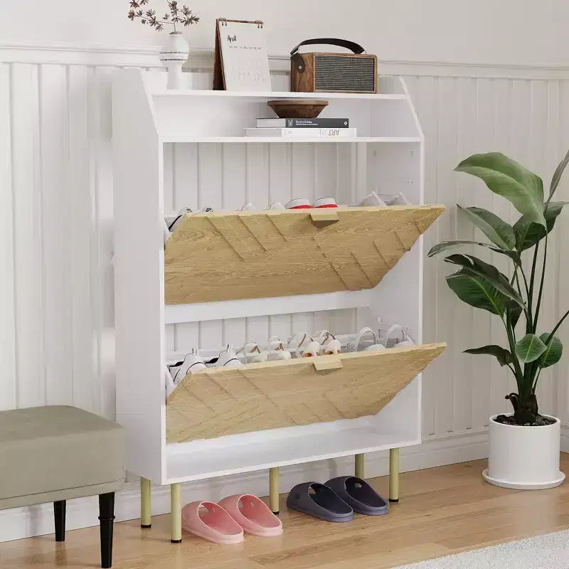 Wooden Shoe Cabinet with 2 Flip-Top Drawers Narrow Freestanding Shoe Rack with Open Shelves Concealed Shoe Rack for Entryways Living Rooms