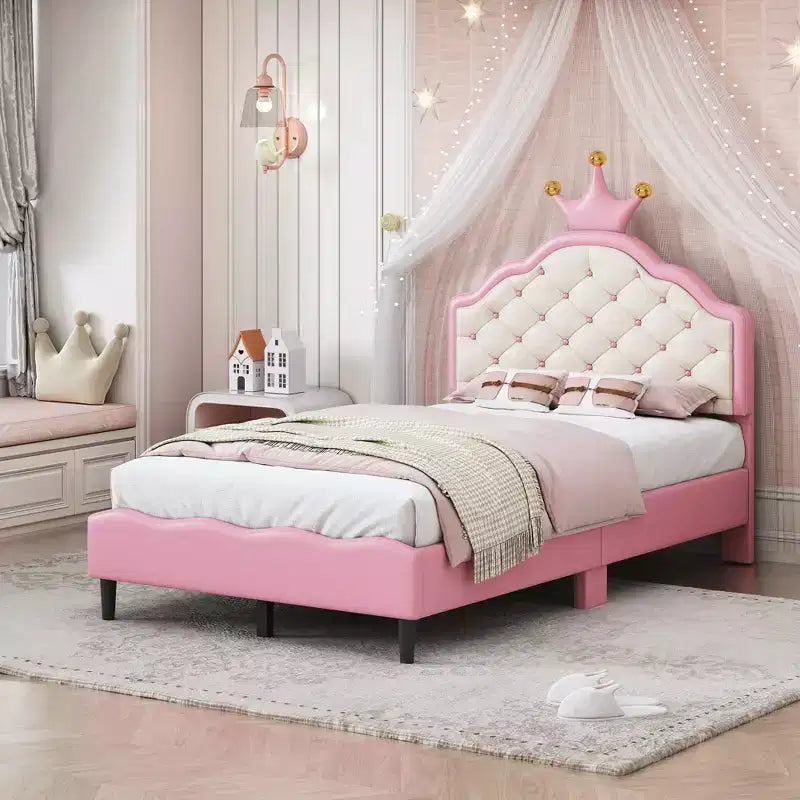 Twin/Full Princess Bed for Girls Kids Wood Platform Bed Frame with Tufted Headboard PU Bed Frame with Crown Upholstered Headboard Pink