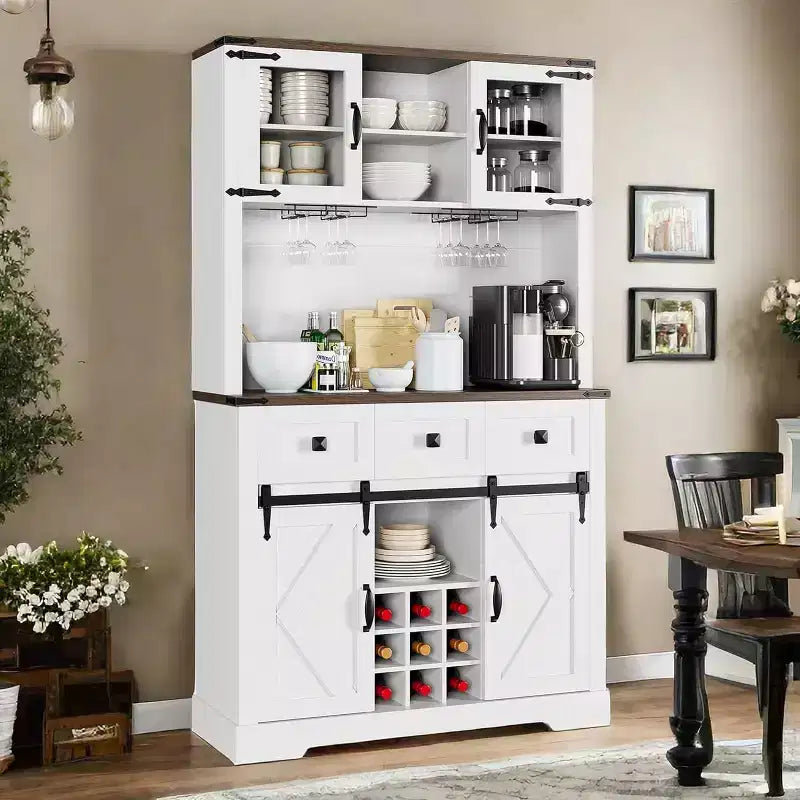 COZONY 72 Tall Wine Bar Cabinet with Door & Glass Holder Standing Liquor Cabinet Sideboard with Closed Storage for Kitchen & Living Room White