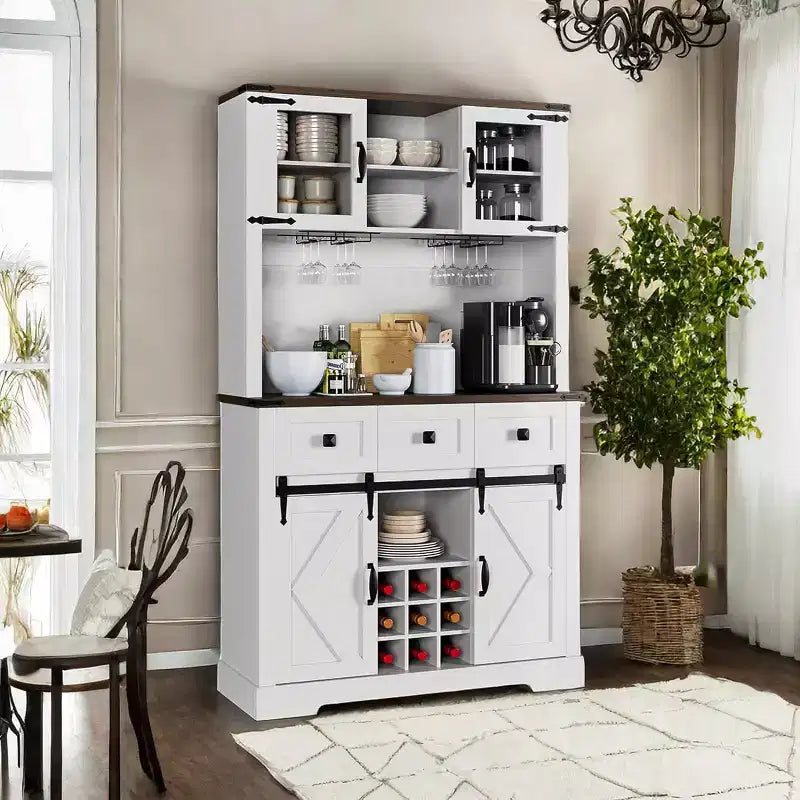 Meuble Bar à Vin Haut avec Porte et Support à Verres, Buffet Vaisselier Armoire à Liqueur