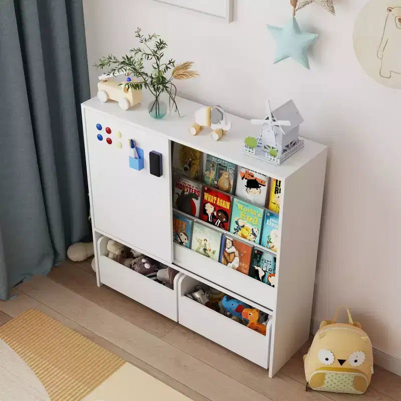 Étagère de Rangement pour Enfants, Meuble de Rangement pour Jouets avec Porte Coulissante + Bacs Roulants + Étagères Multi-Niveaux