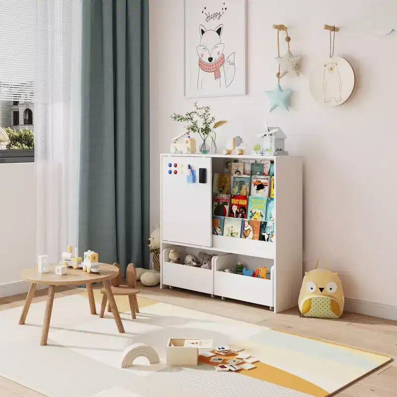 Étagère de Rangement pour Enfants, Meuble de Rangement pour Jouets avec Porte Coulissante + Bacs Roulants + Étagères Multi-Niveaux