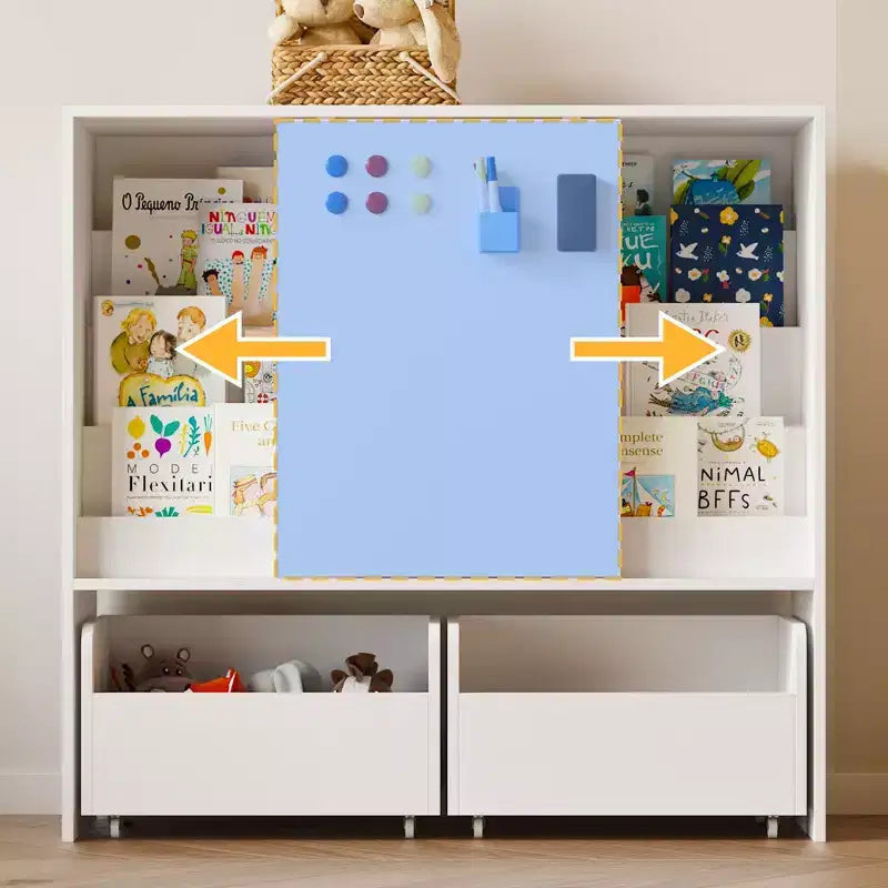 Étagère de Rangement pour Enfants, Meuble de Rangement pour Jouets avec Porte Coulissante + Bacs Roulants + Étagères Multi-Niveaux