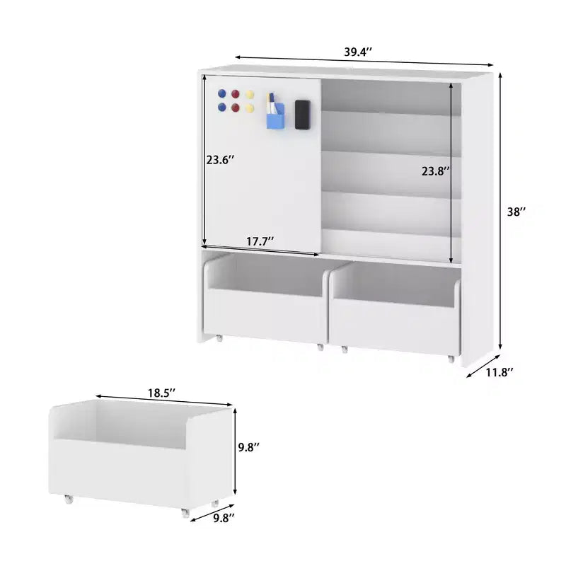 Étagère de Rangement pour Enfants, Meuble de Rangement pour Jouets avec Porte Coulissante + Bacs Roulants + Étagères Multi-Niveaux