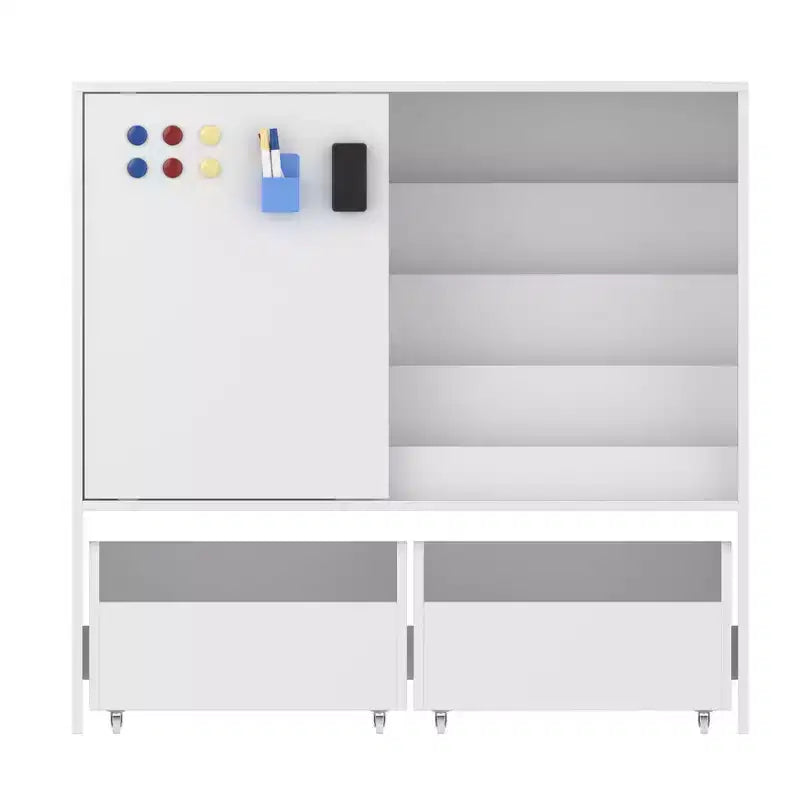 Étagère de Rangement pour Enfants, Meuble de Rangement pour Jouets avec Porte Coulissante + Bacs Roulants + Étagères Multi-Niveaux