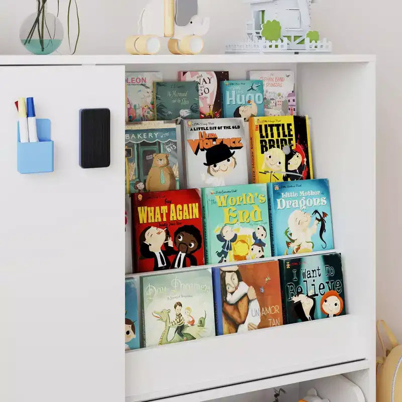 Étagère de Rangement pour Enfants, Meuble de Rangement pour Jouets avec Porte Coulissante + Bacs Roulants + Étagères Multi-Niveaux