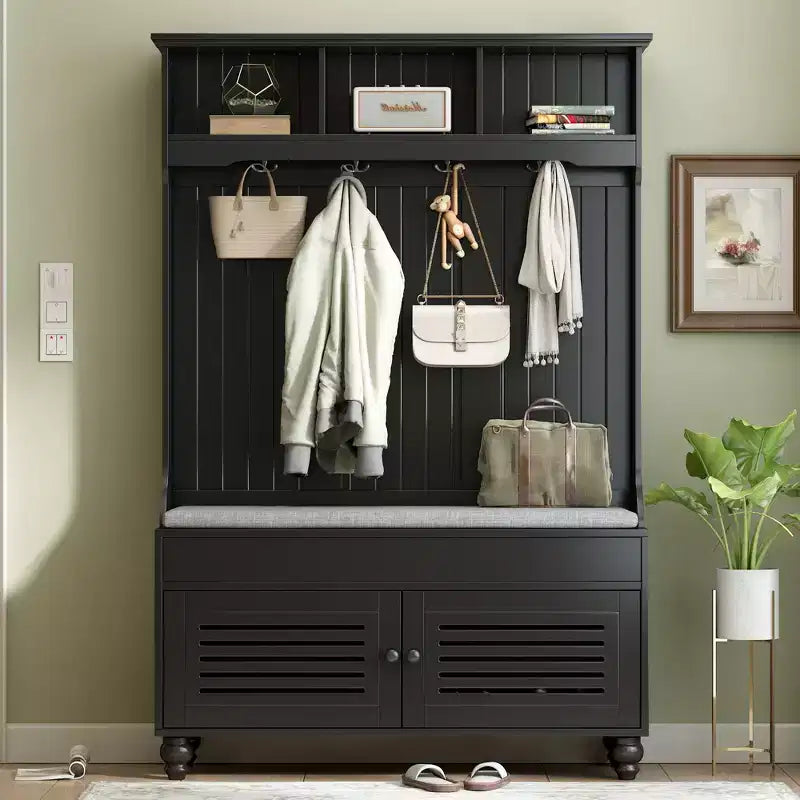 Okak 5-IN-1 Hall Tree with Shutter-Shaped Doors Freestanding Coat Rack with Cushion and 4 Sturdy Hooks Wide Coat Stand for Hallway Black