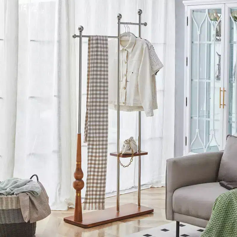 Okak Hall Tree with Wooden Shelves and Stainless Steel Frame Industrial Coat Rack with Elegent Design Coat Tree for Living Room Bedroom Silver
