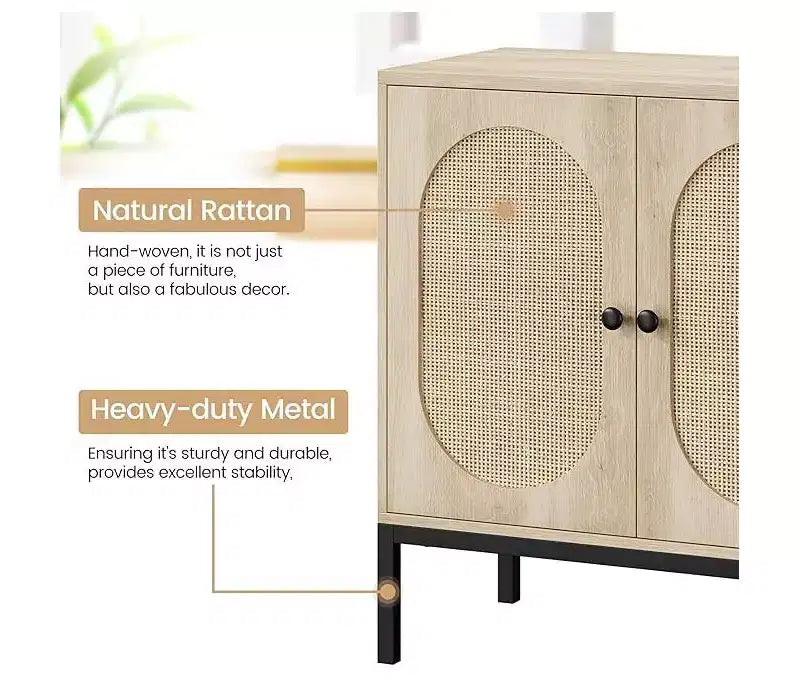 Buffet en bois avec rangement et rotin naturel