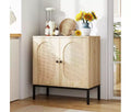 Sideboard Buffet Cabinet Wooden Storage Cabinet with Natural Rattan Doors Double-layer Sideboard with Solid Metal Feet for Hallway Living Room