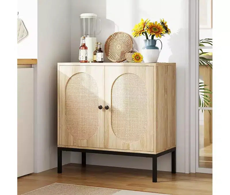 Sideboard Buffet Cabinet Wooden Storage Cabinet with Natural Rattan Doors Double-layer Sideboard with Solid Metal Feet for Hallway Living Room