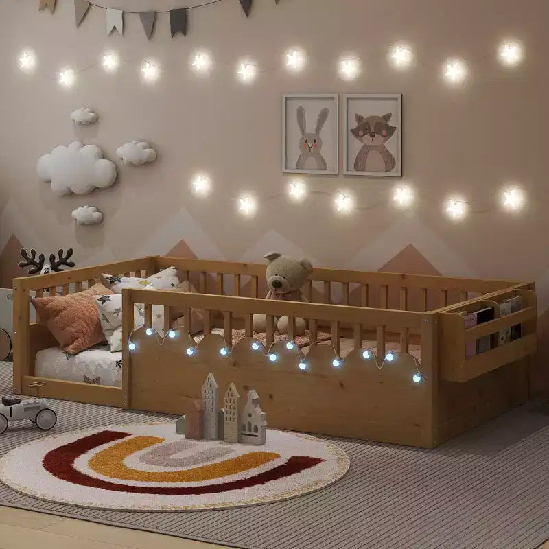 Zeus & Ruta Natural Wood Floor Bed Frame with High Rails Built-In Light & Storage Shelf for Kids