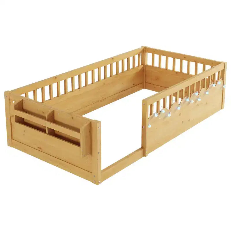 Cadre de lit en bois avec barrières hautes, lumière intégrée et étagère de rangement