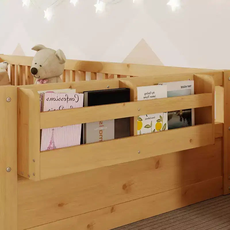 Cadre de lit en bois avec barrières hautes, lumière intégrée et étagère de rangement