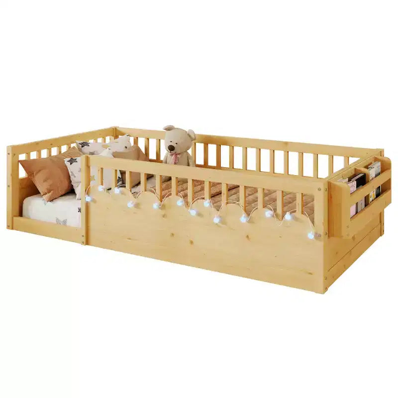Cadre de lit en bois avec barrières hautes, lumière intégrée et étagère de rangement