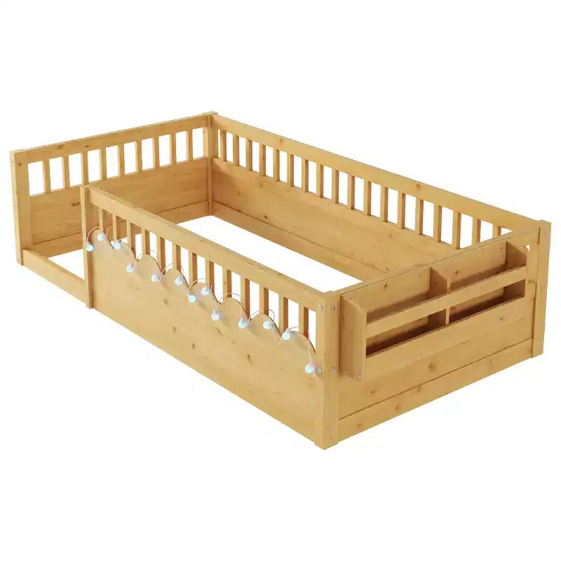 Cadre de lit en bois avec barrières hautes, lumière intégrée et étagère de rangement