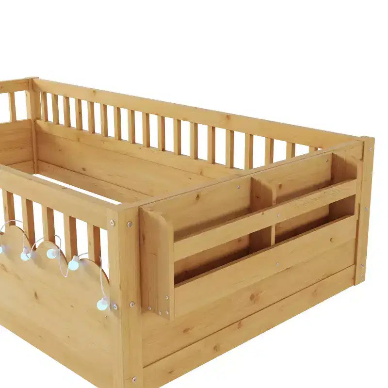 Cadre de lit en bois avec barrières hautes, lumière intégrée et étagère de rangement