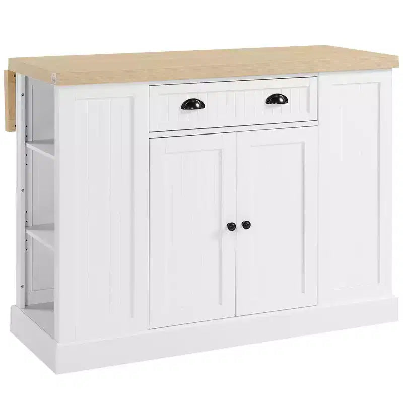 47 Fluted-Style Wooden Kitchen Island Kitchen Countertop Storage Cabinet with Drop Leaf Drawer Open Shelves Storage