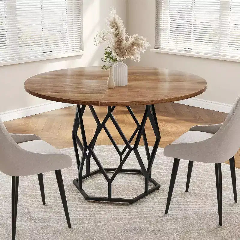 47 Round Farmhouse Dining Table for 4-6 Industrial Wood Kitchen Table with Sturdy Base for Dining Room