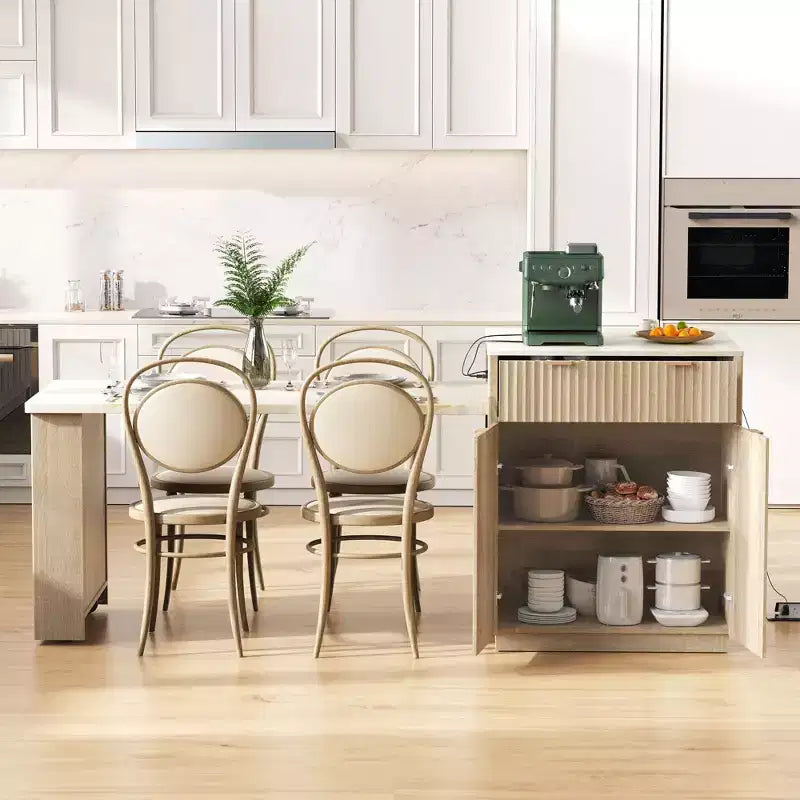 Îlot de cuisine blanc cannelé avec table à manger extensible