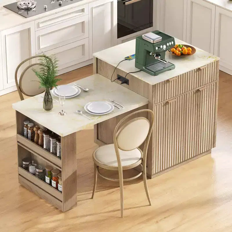 Îlot de cuisine blanc cannelé avec table à manger extensible