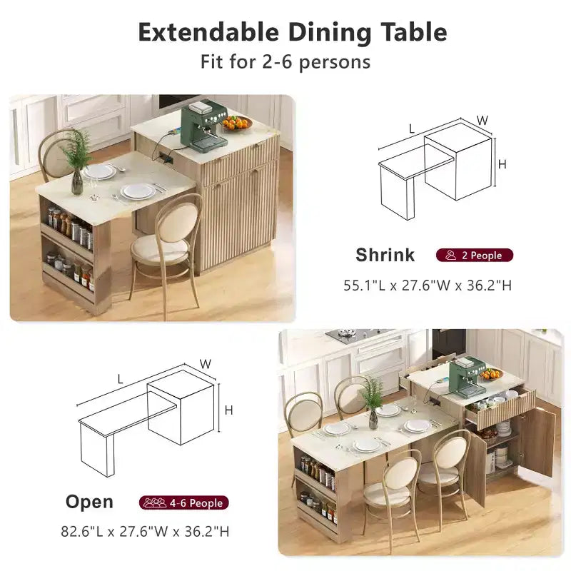 Îlot de cuisine blanc cannelé avec table à manger extensible