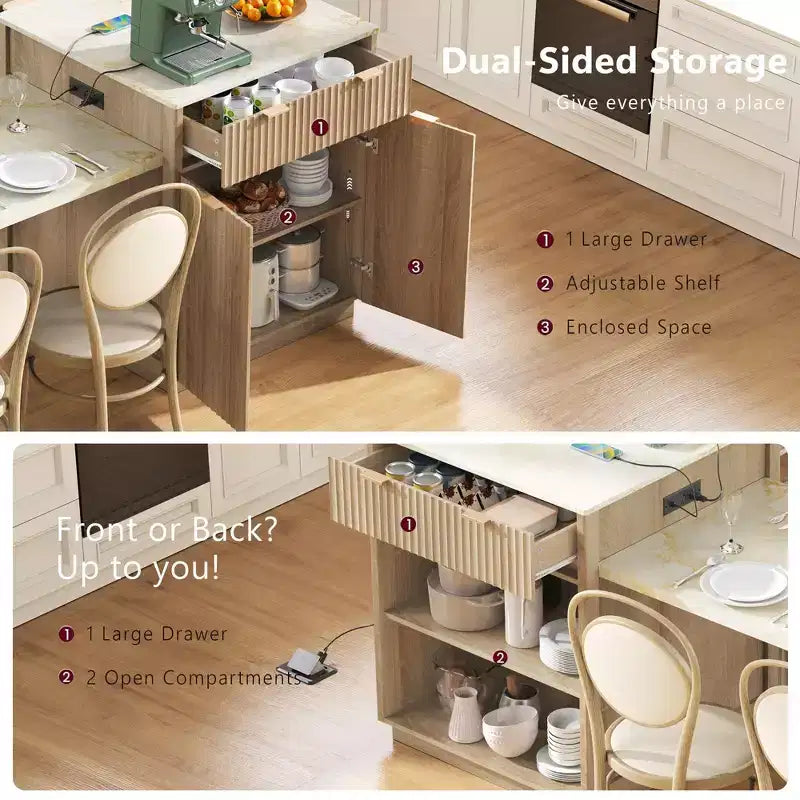 Îlot de cuisine blanc cannelé avec table à manger extensible