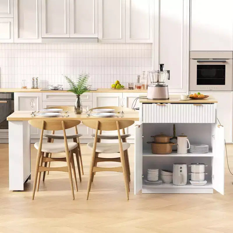 Îlot de cuisine blanc cannelé avec table à manger extensible