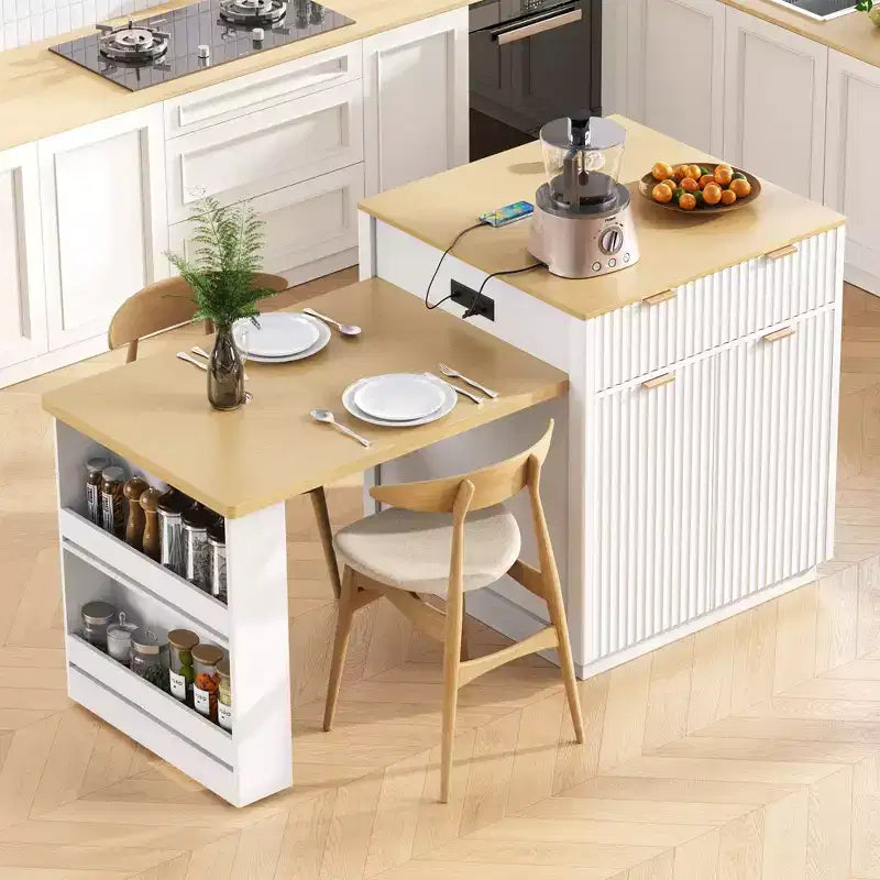 Îlot de cuisine blanc cannelé avec table à manger extensible