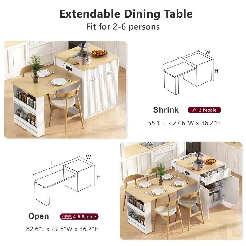 Îlot de cuisine blanc cannelé avec table à manger extensible