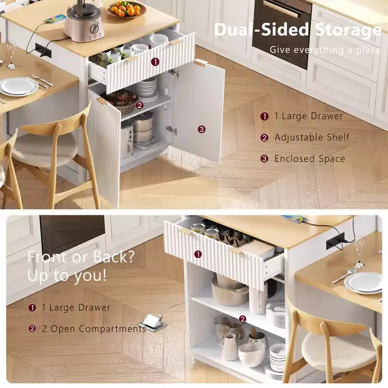 Îlot de cuisine blanc cannelé avec table à manger extensible