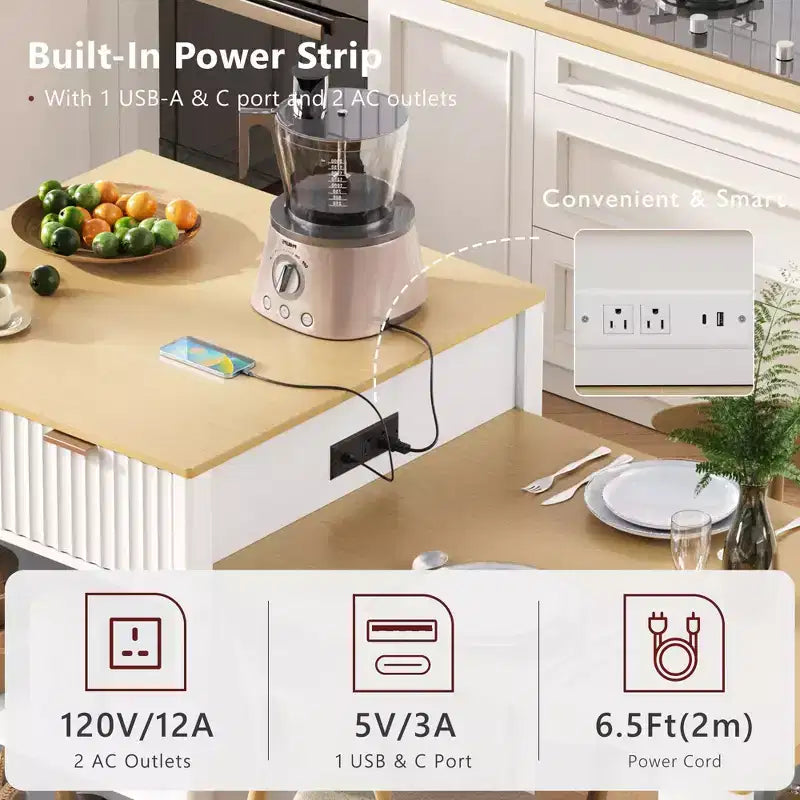 Îlot de cuisine blanc cannelé avec table à manger extensible
