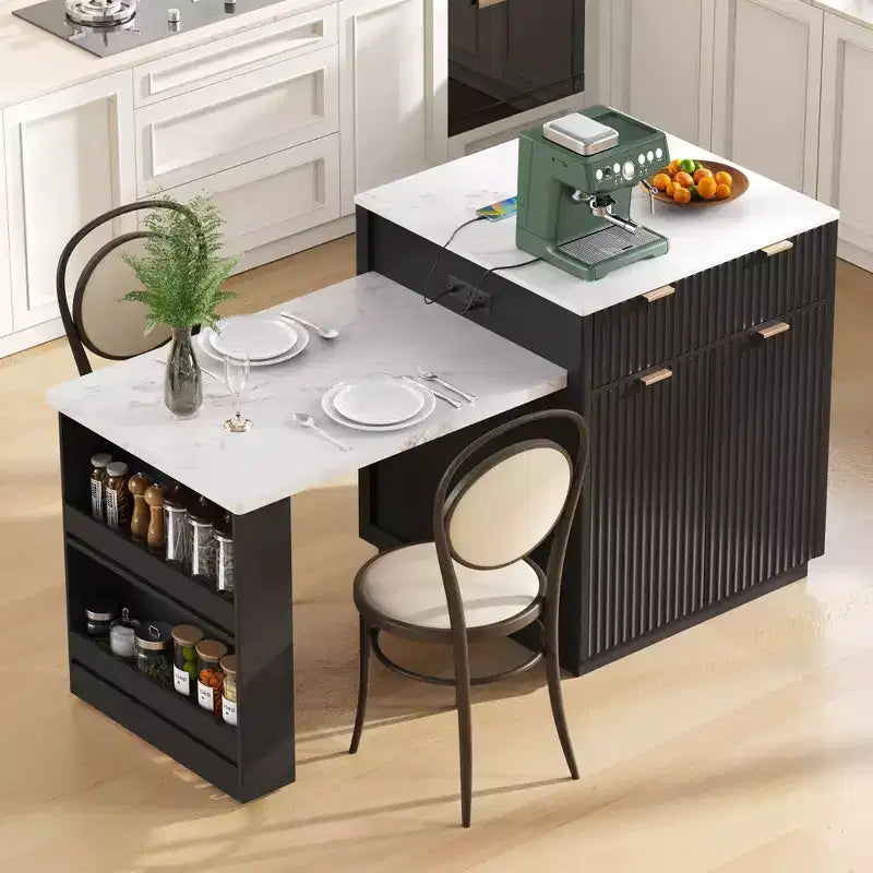 Îlot de cuisine blanc cannelé avec table à manger extensible