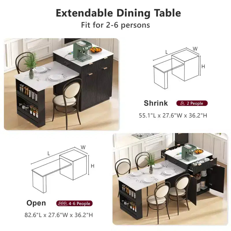 Îlot de cuisine blanc cannelé avec table à manger extensible