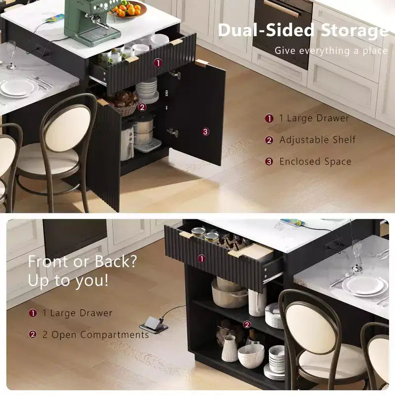 Îlot de cuisine blanc cannelé avec table à manger extensible