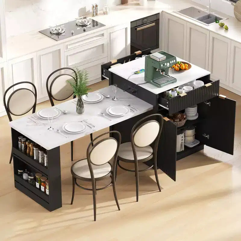 Îlot de cuisine blanc cannelé avec table à manger extensible