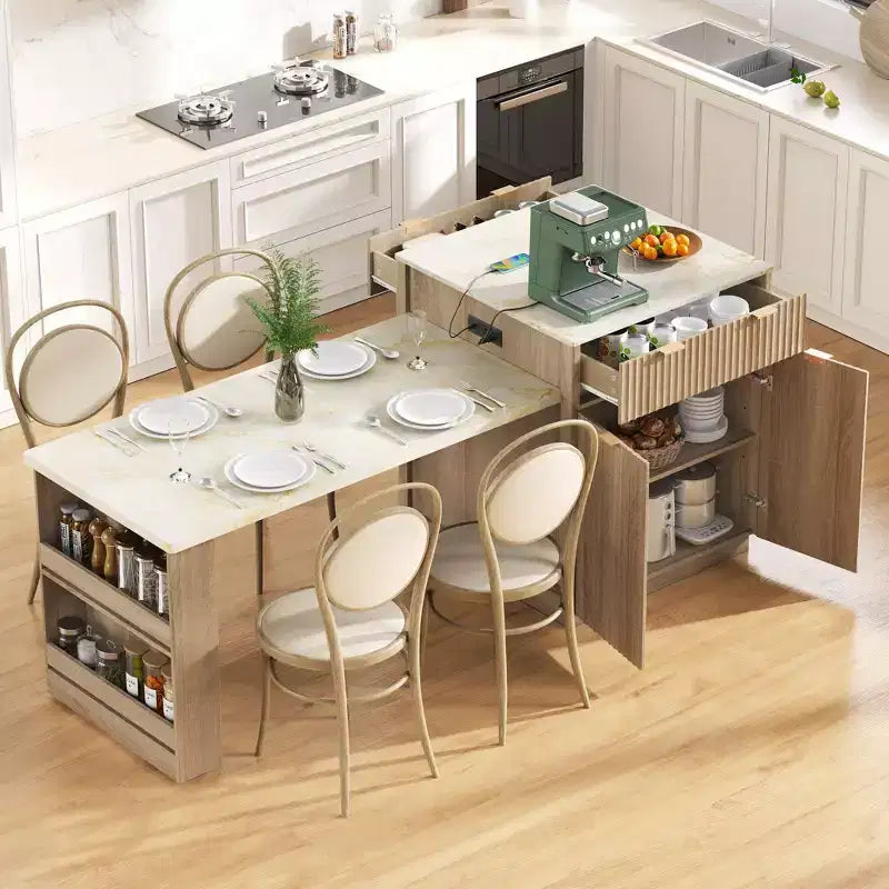 Îlot de cuisine blanc cannelé avec table à manger extensible