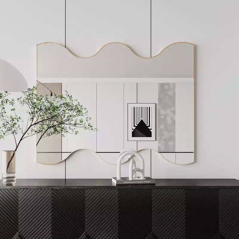 TUYOHW 30x35 Inch Wall Mount Bathroom Mirror Modern Rectangular Wall Mount Vanity Mirror with 2 Wavy Sides for Bathroom Bedroom