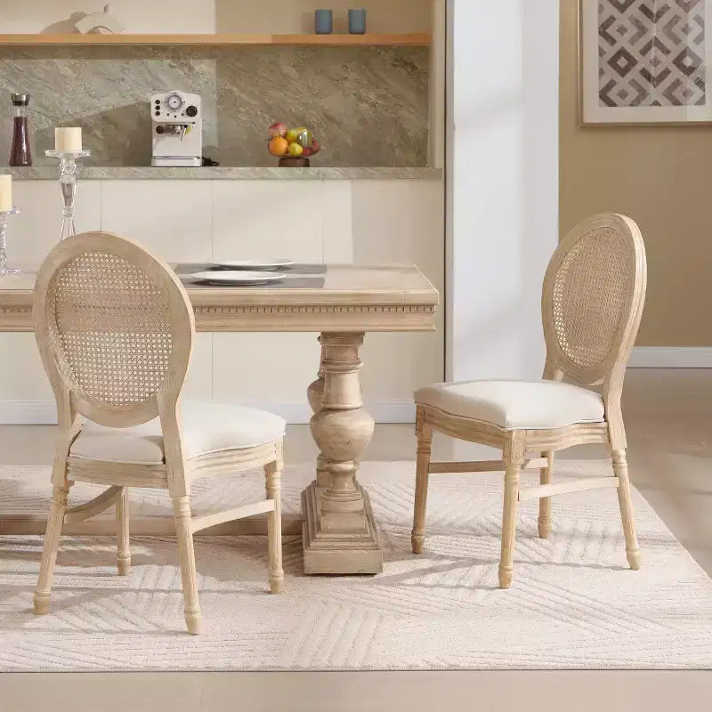 Set of 2 French Rustic Upholstered Dining Chairs with Round Rattan Back Farmhouse Solid Wood Armless Kitchen Chairs for Dining Room-Panipeachy