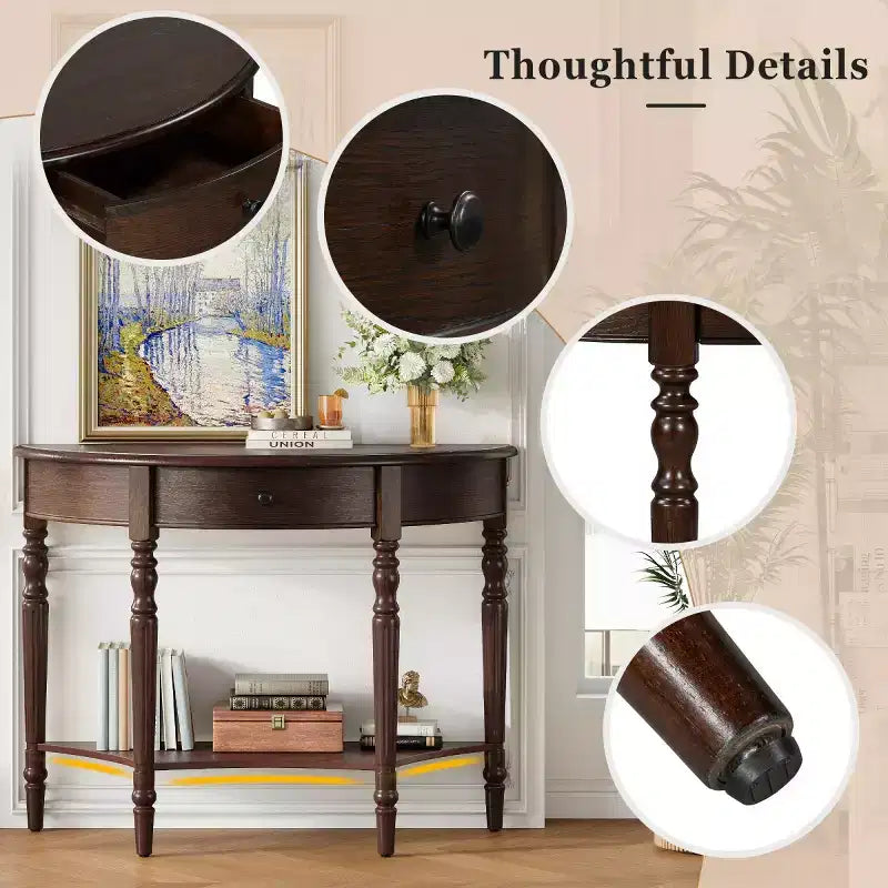 Console de table demi-lune avec tiroir et étagère de rangement