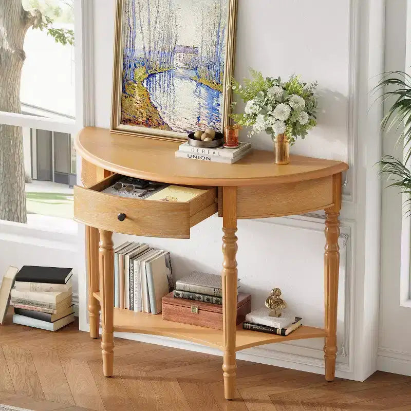Console de table demi-lune avec tiroir et étagère de rangement