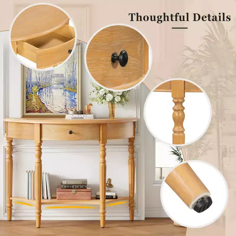 Console de table demi-lune avec tiroir et étagère de rangement