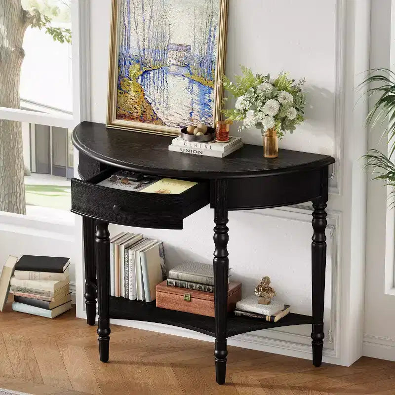 Console de table demi-lune avec tiroir et étagère de rangement