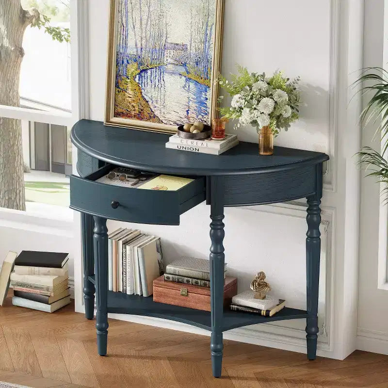 Console de table demi-lune avec tiroir et étagère de rangement