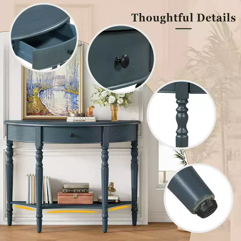 Console de table demi-lune avec tiroir et étagère de rangement