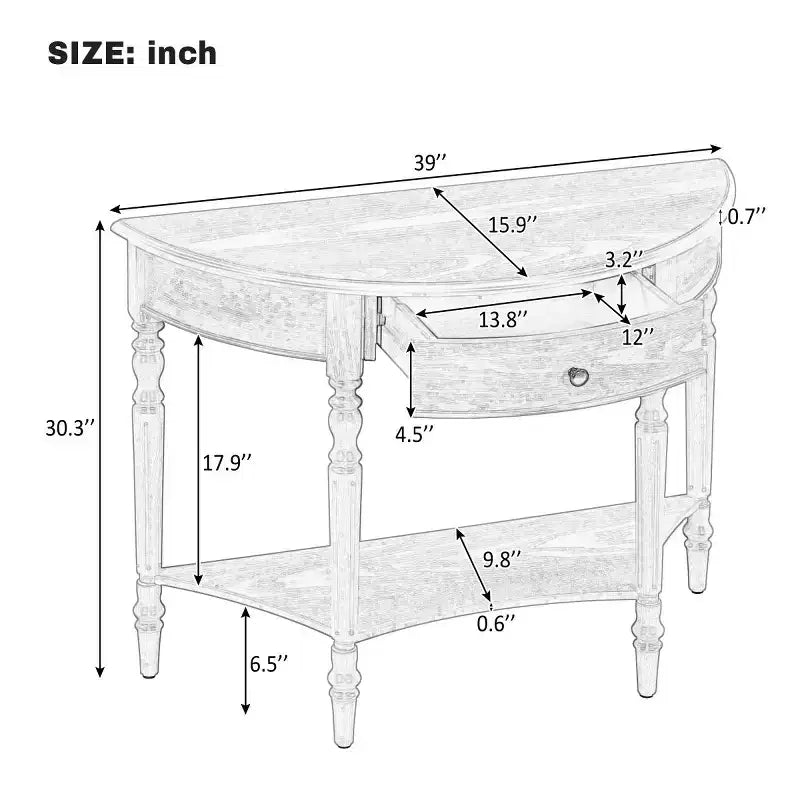 Console de table demi-lune avec tiroir et étagère de rangement