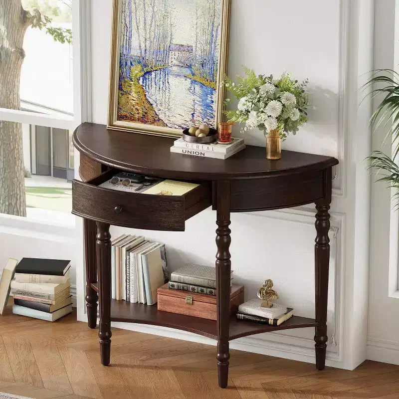 Console de table demi-lune avec tiroir et étagère de rangement