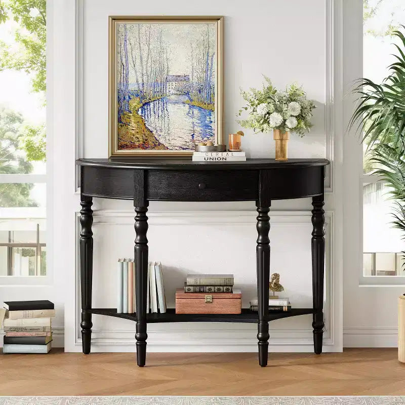 39 French Country Half Moon Console Table Farmhouse Demilune Entryway Table with Drawer & Storage Shelf - Panipeachy