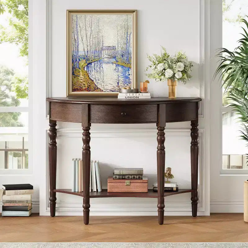 Console de table demi-lune avec tiroir et étagère de rangement